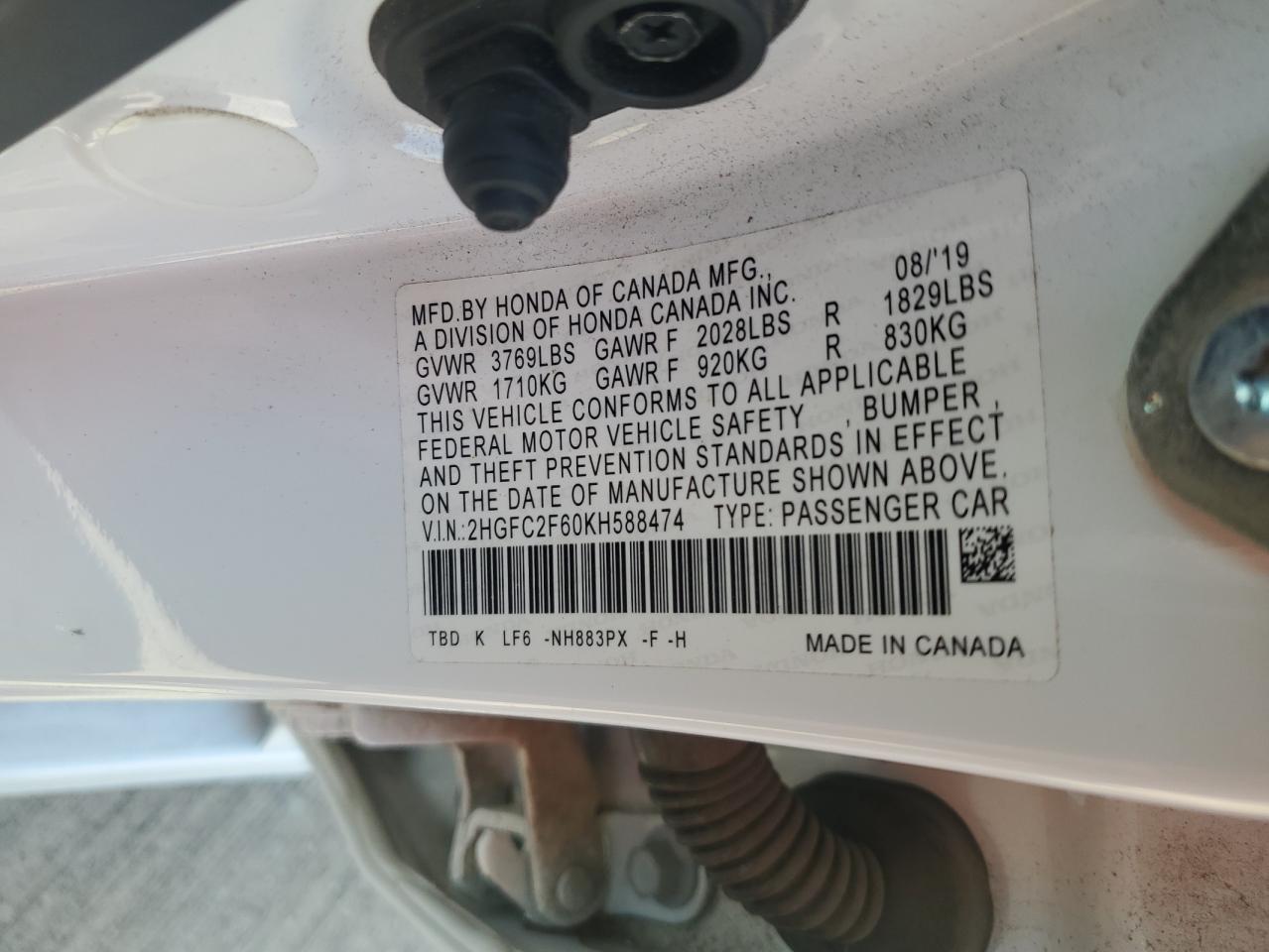 2HGFC2F60KH588474 2019 Honda Civic Lx