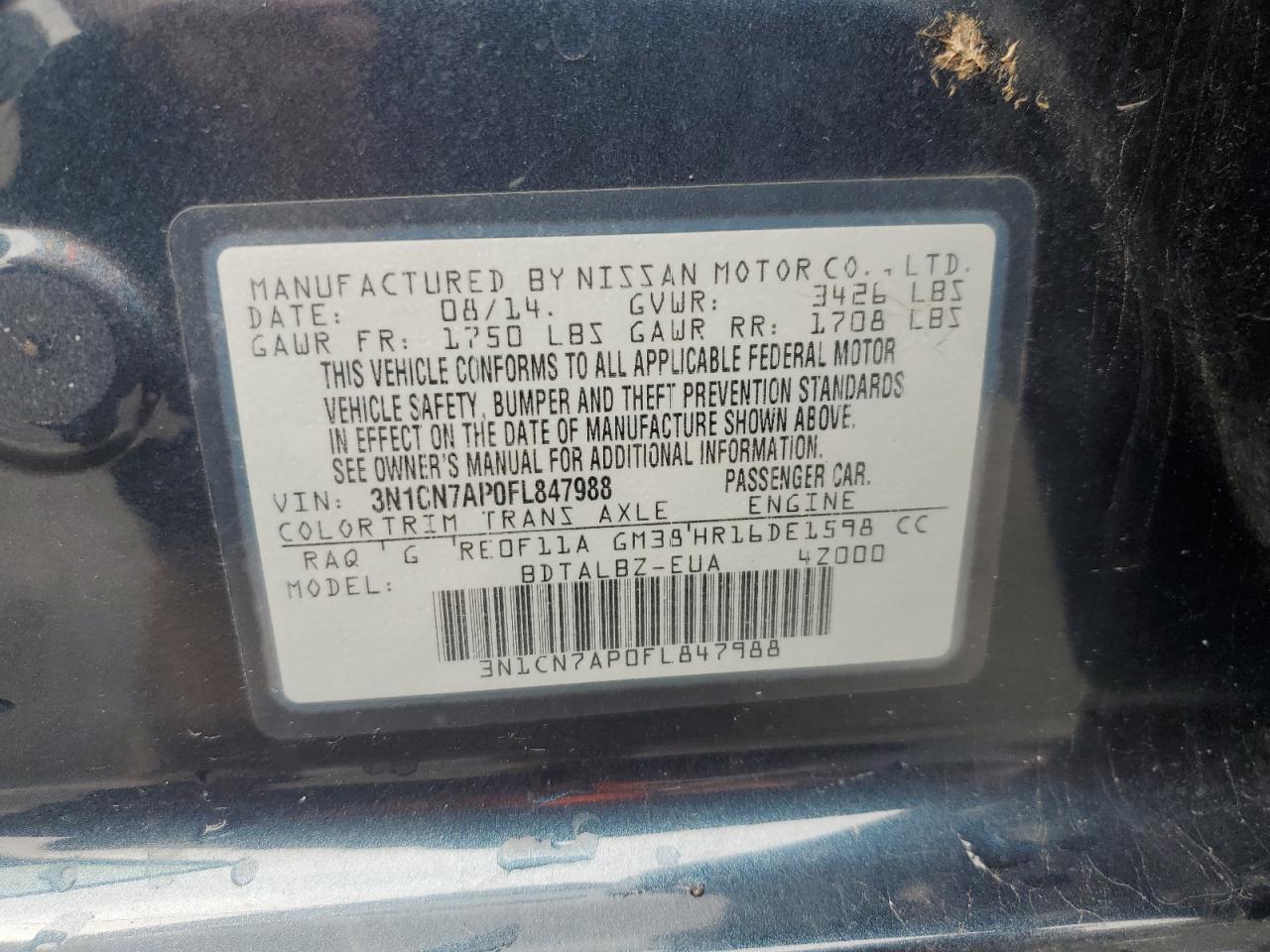 3N1CN7AP0FL847988 2015 Nissan Versa S