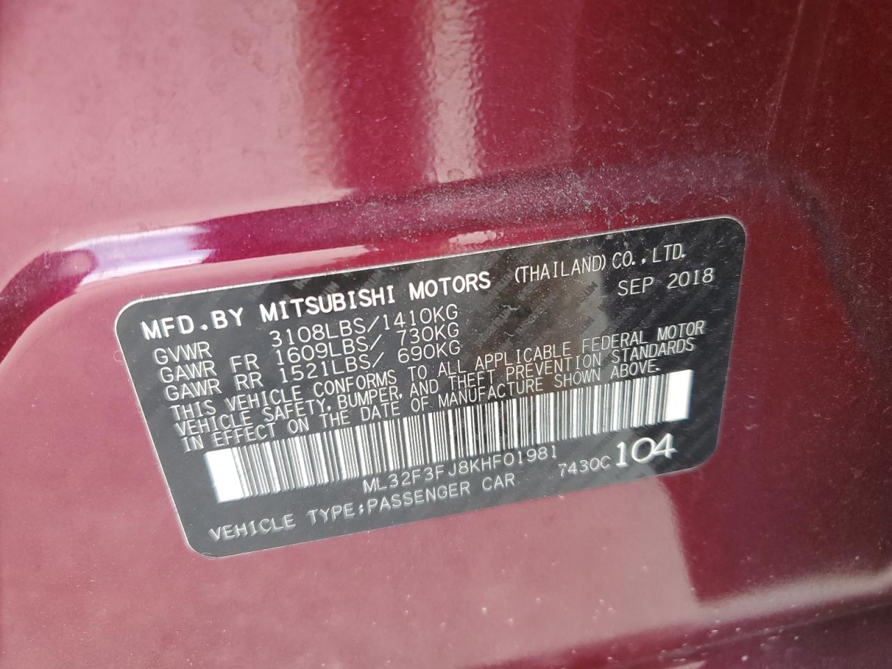 2019 Mitsubishi Mirage G4 Es VIN: ML32F3FJ8KHF01981 Lot: 75447854