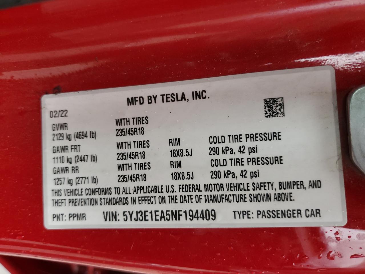 5YJ3E1EA5NF194409 2022 Tesla Model 3