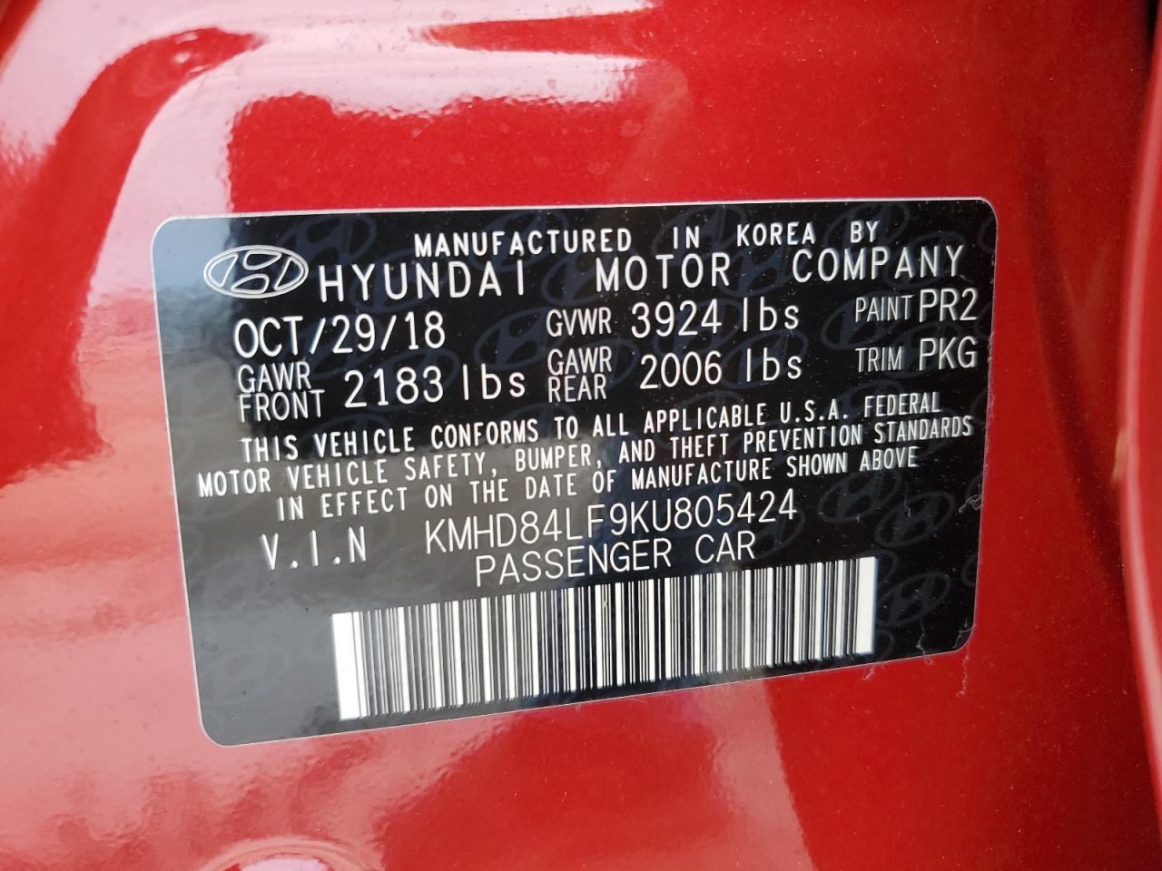 KMHD84LF9KU805424 2019 Hyundai Elantra Sel