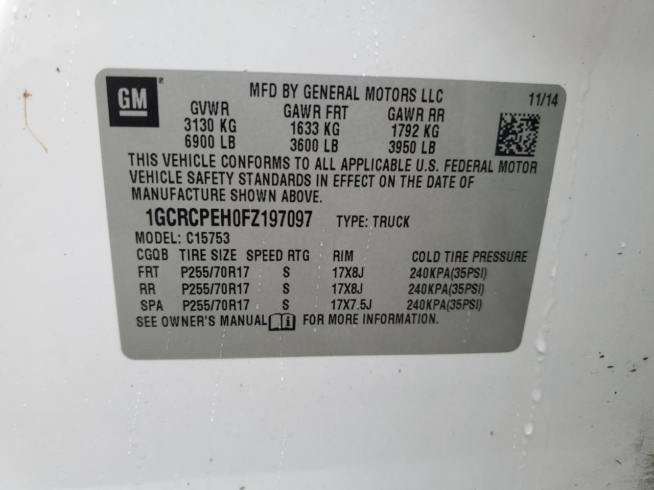 1GCRCPEH0FZ197097 2015 Chevrolet Silverado C1500