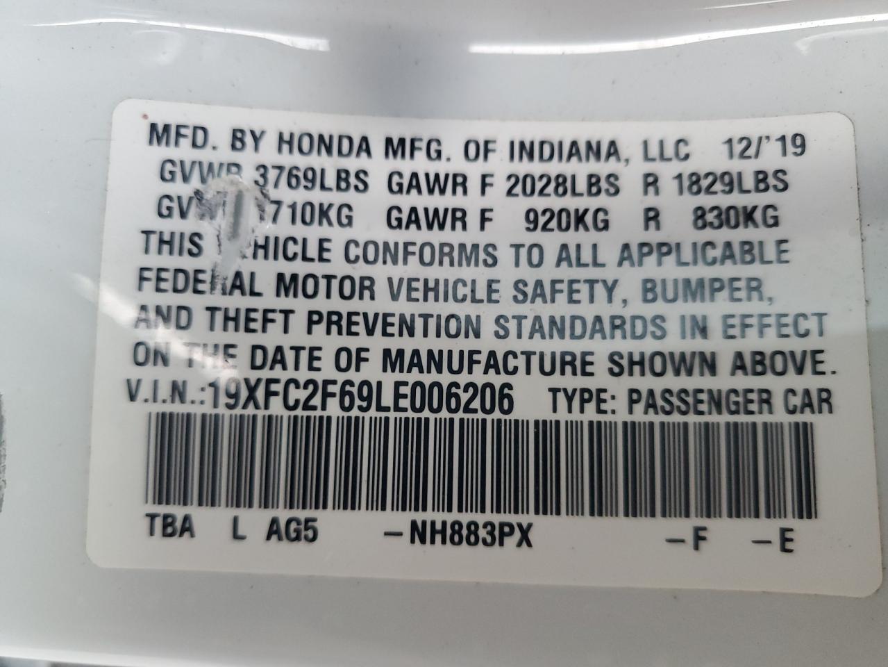 2020 Honda Civic Lx VIN: 19XFC2F69LE006206 Lot: 76131744