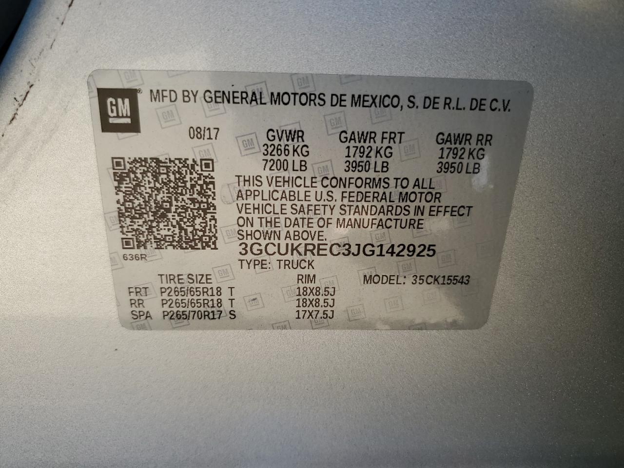 3GCUKREC3JG142925 2018 Chevrolet Silverado K1500 Lt