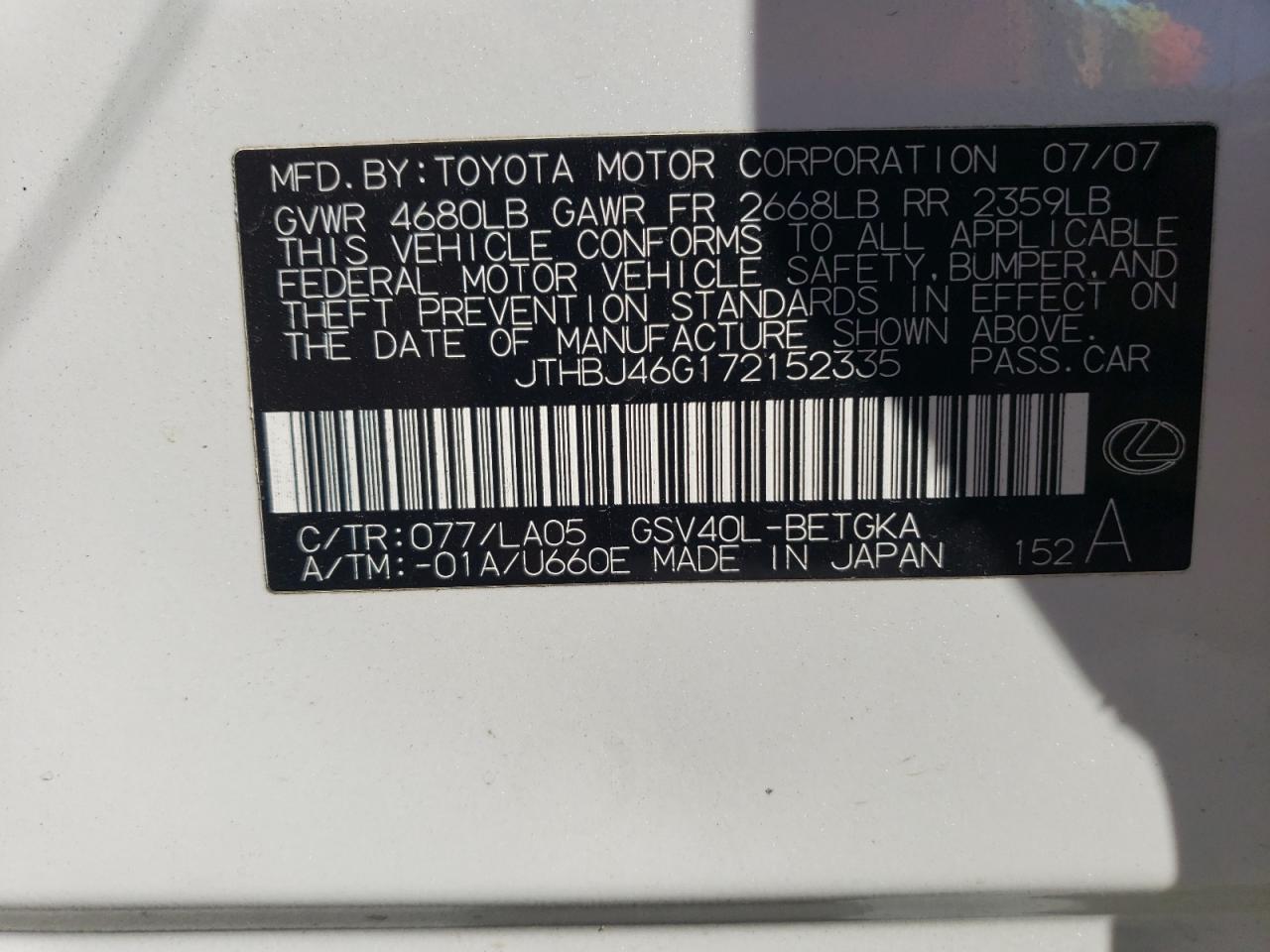 2007 Lexus Es 350 VIN: JTHBJ46G172152335 Lot: 73478344