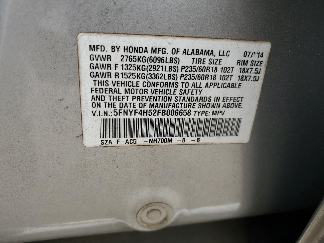 5FNYF4H52FB006658 2015 Honda Pilot Exl