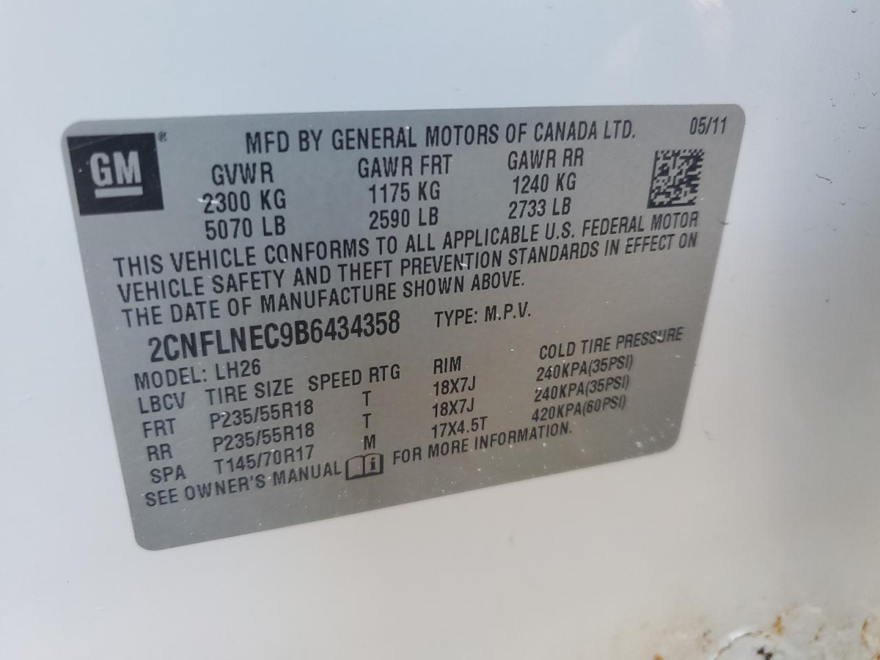 2CNFLNEC9B6434358 2011 Chevrolet Equinox Lt