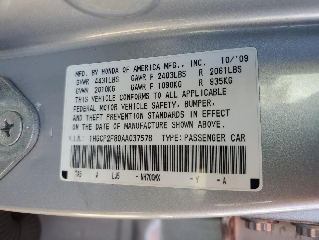 2010 Honda Accord Exl VIN: 1HGCP2F80AA037578 Lot: 75589894