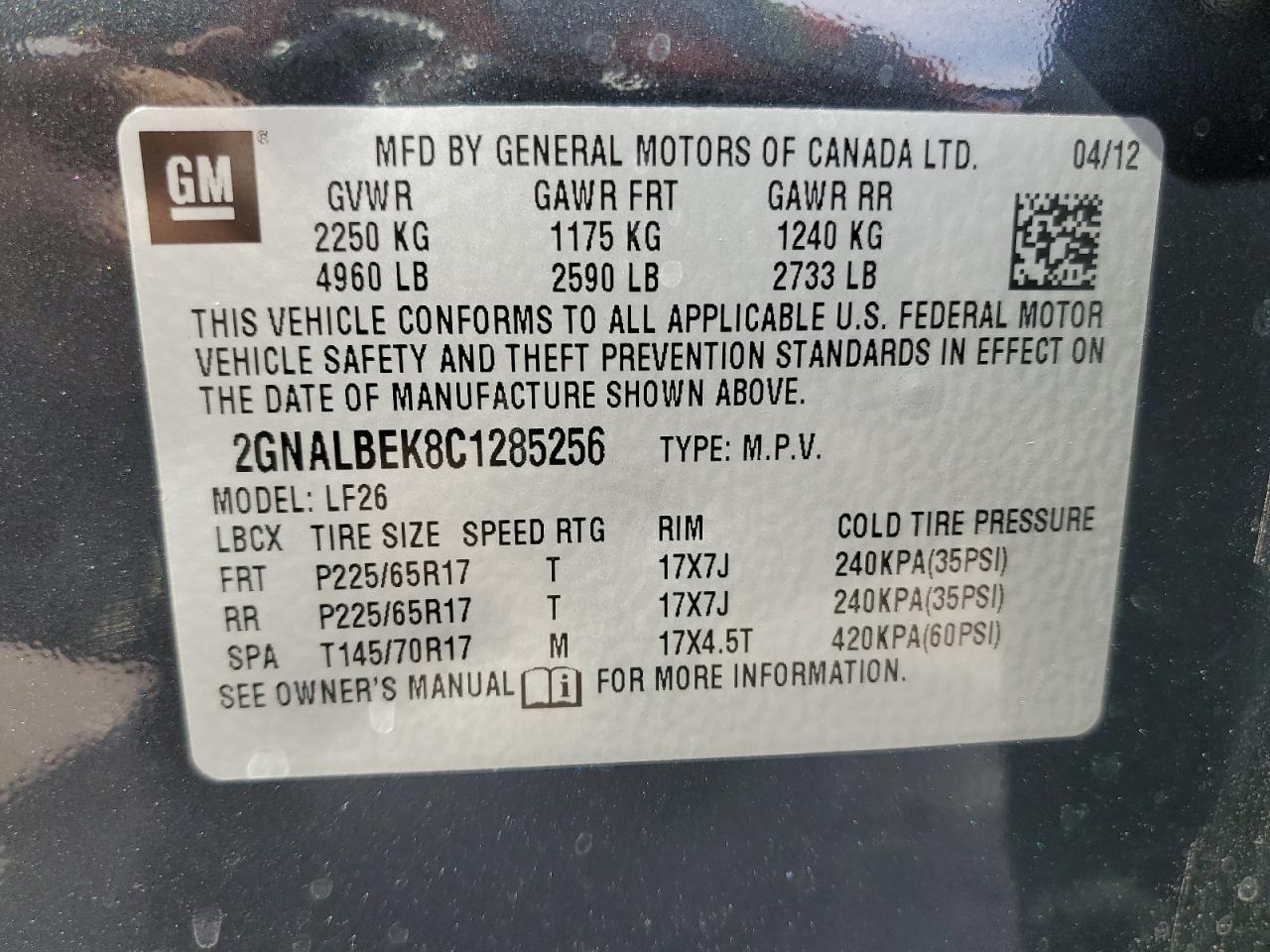 2GNALBEK8C1285256 2012 Chevrolet Equinox Ls