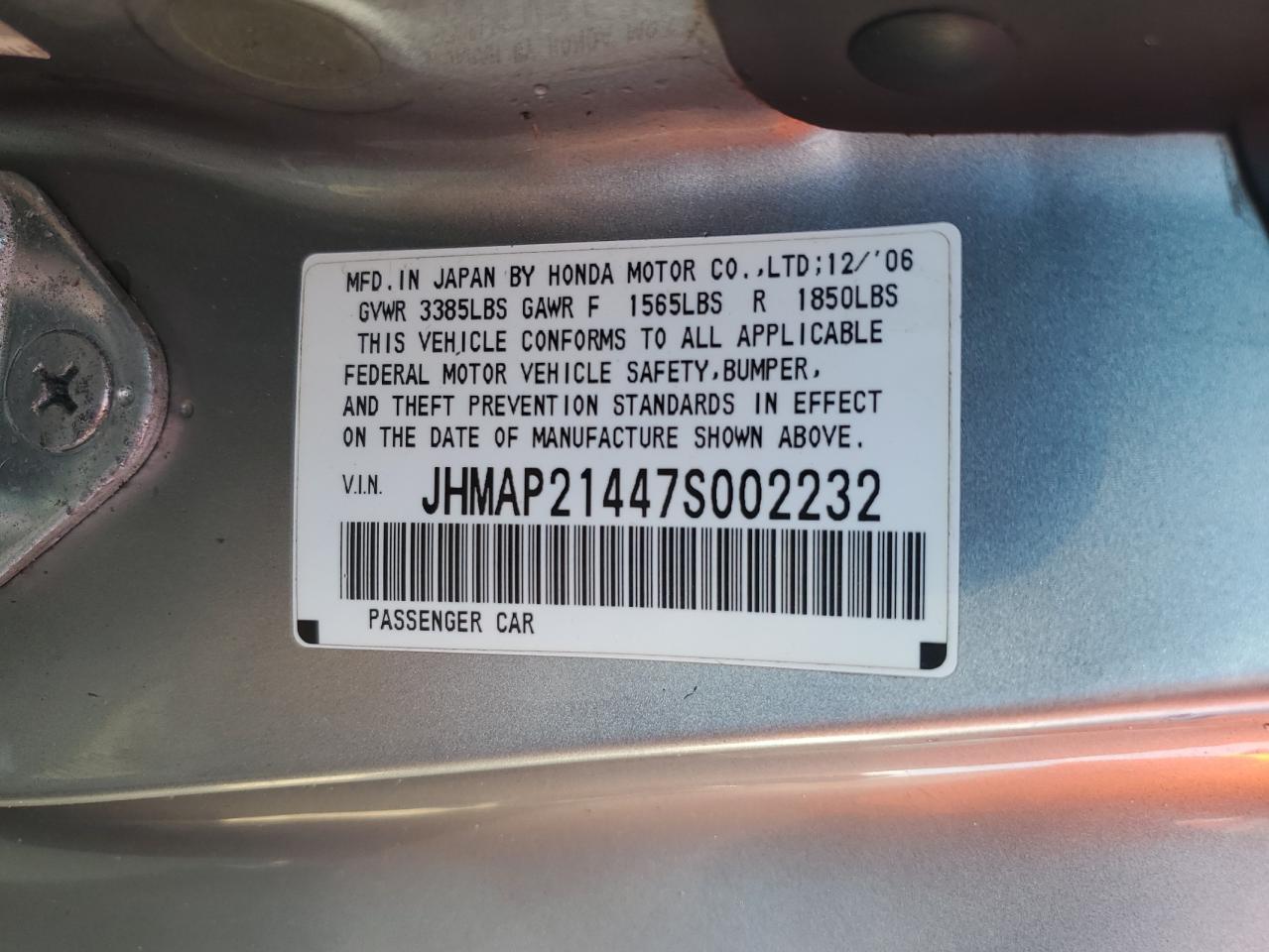 2007 Honda S2000 VIN: JHMAP21447S002232 Lot: 73855664