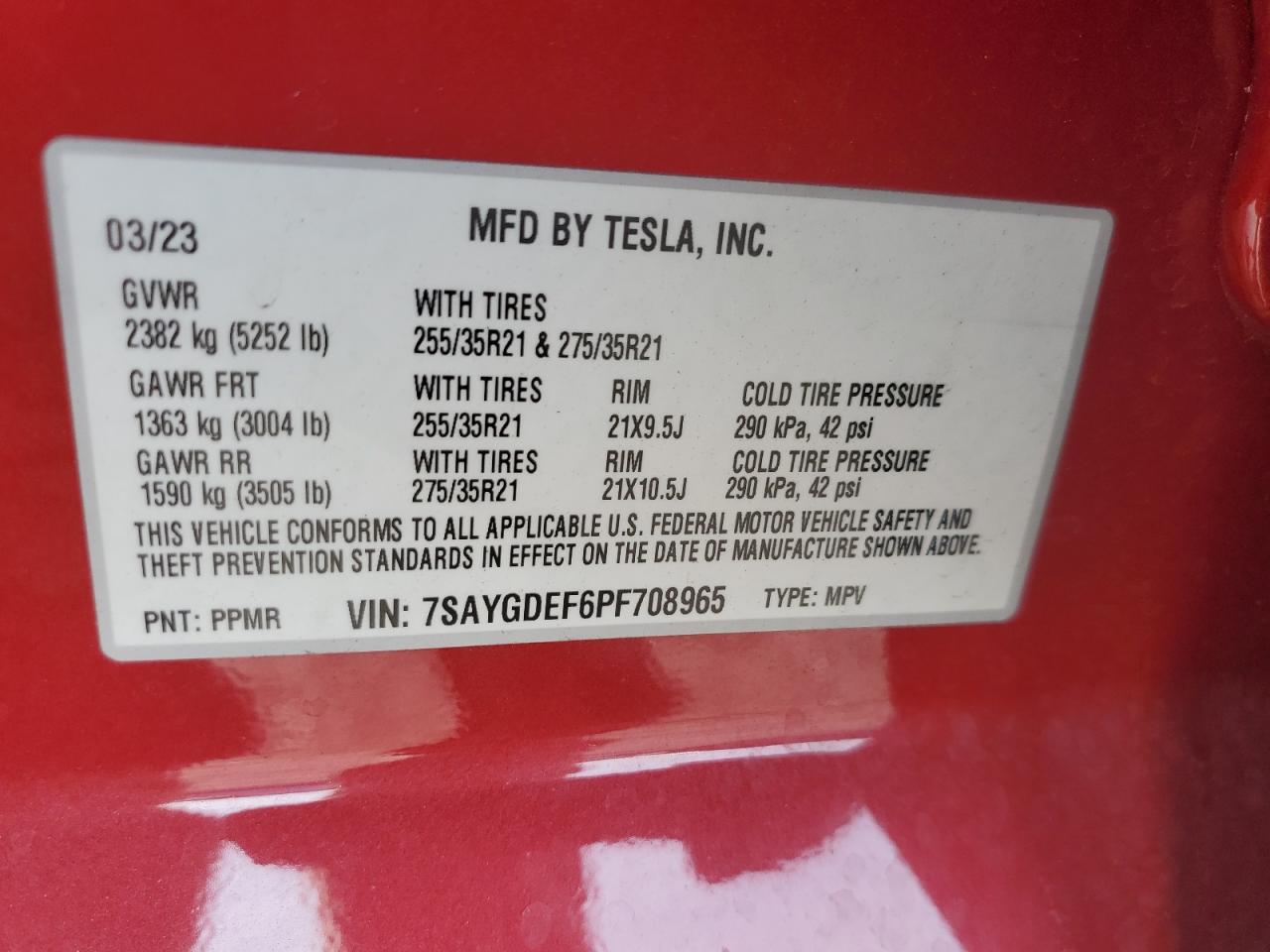 2023 Tesla Model Y VIN: 7SAYGDEF6PF708965 Lot: 76536724