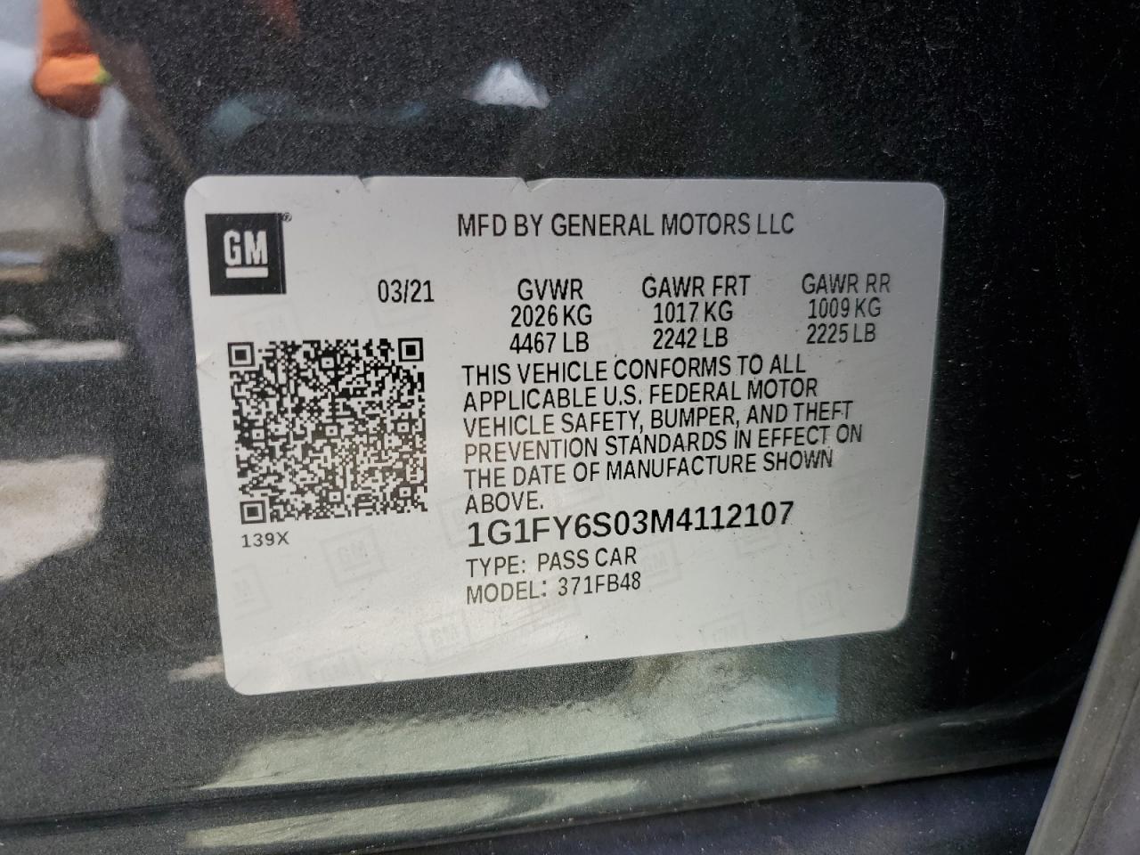 1G1FY6S03M4112107 2021 Chevrolet Bolt Ev Lt