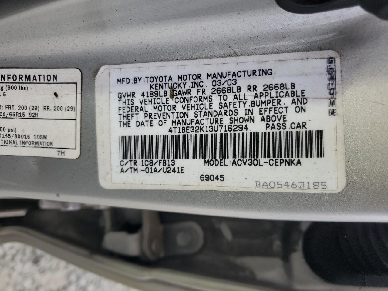 2003 Toyota Camry Le VIN: 4T1BE32K13U716294 Lot: 72503874