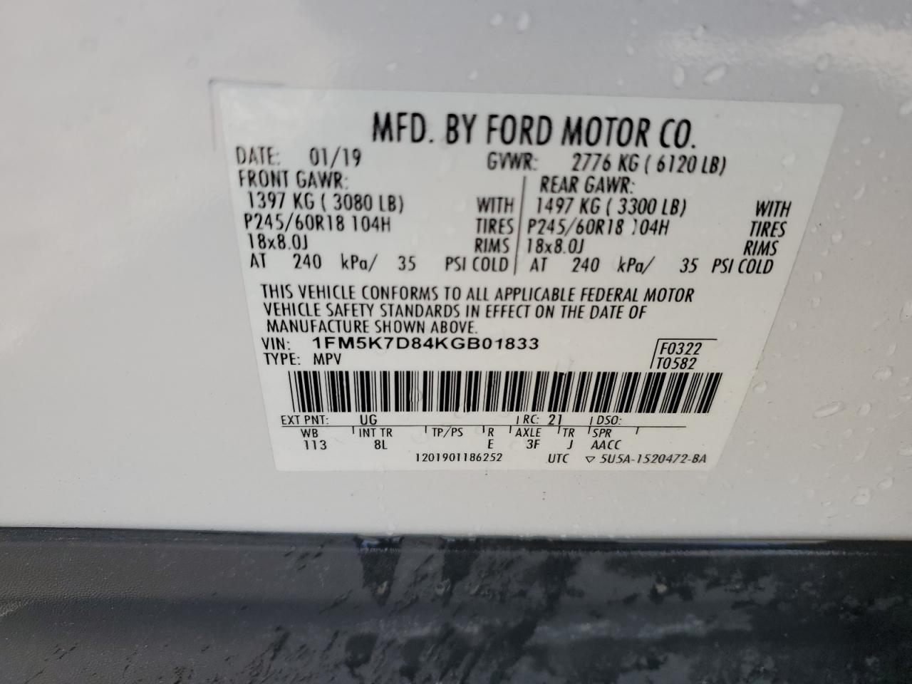 2019 Ford Explorer Xlt VIN: 1FM5K7D84KGB01833 Lot: 75355124