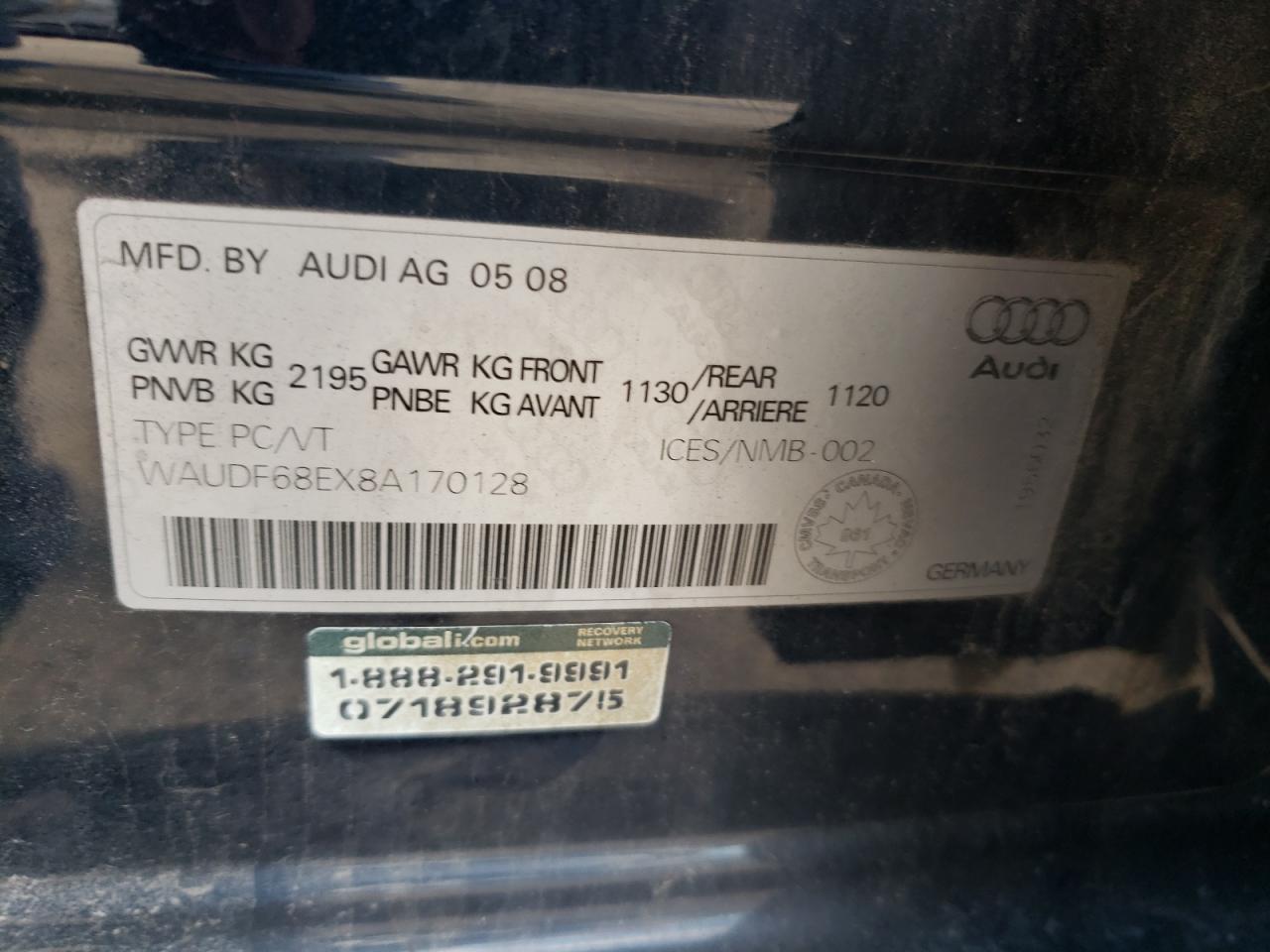 2008 Audi A4 2.0T Quattro VIN: WAUDF68EX8A170128 Lot: 74987444