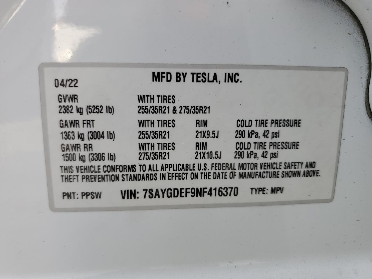 7SAYGDEF9NF416370 2022 Tesla Model Y