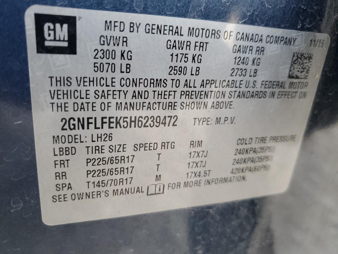 2GNFLFEK5H6239472 2017 Chevrolet Equinox Lt