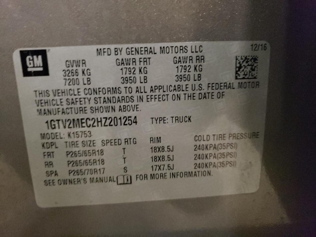 1GTV2MEC2HZ201254 2017 GMC Sierra K1500 Sle