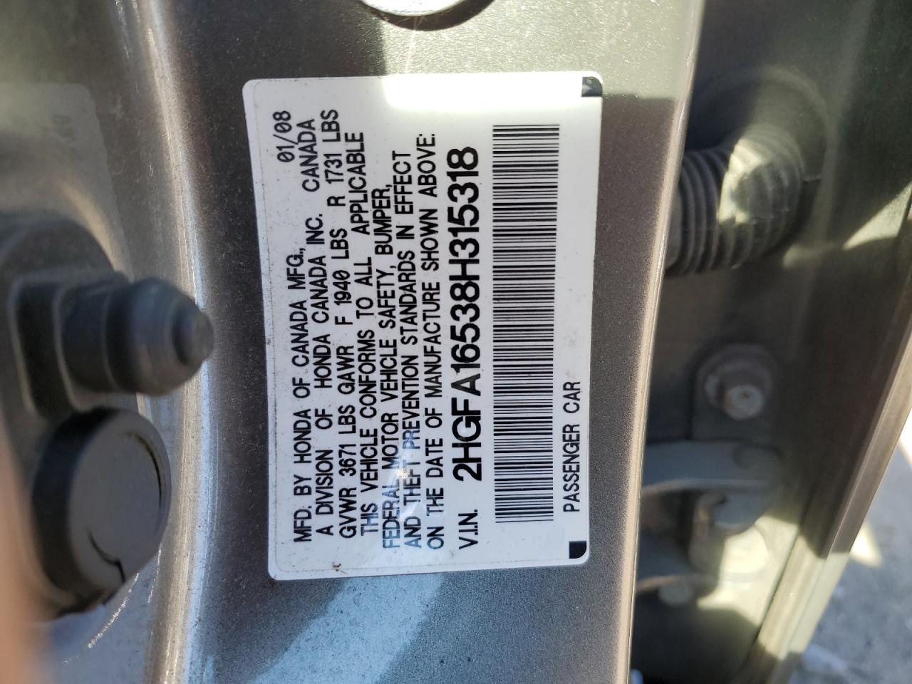 2HGFA16538H315318 2008 Honda Civic Lx