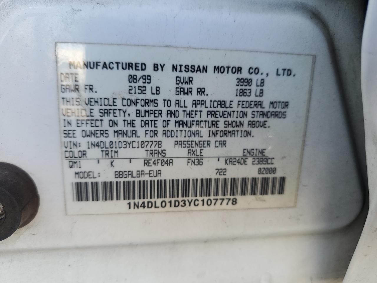 2000 Nissan Altima Xe VIN: 1N4DL01D3YC107778 Lot: 77478584