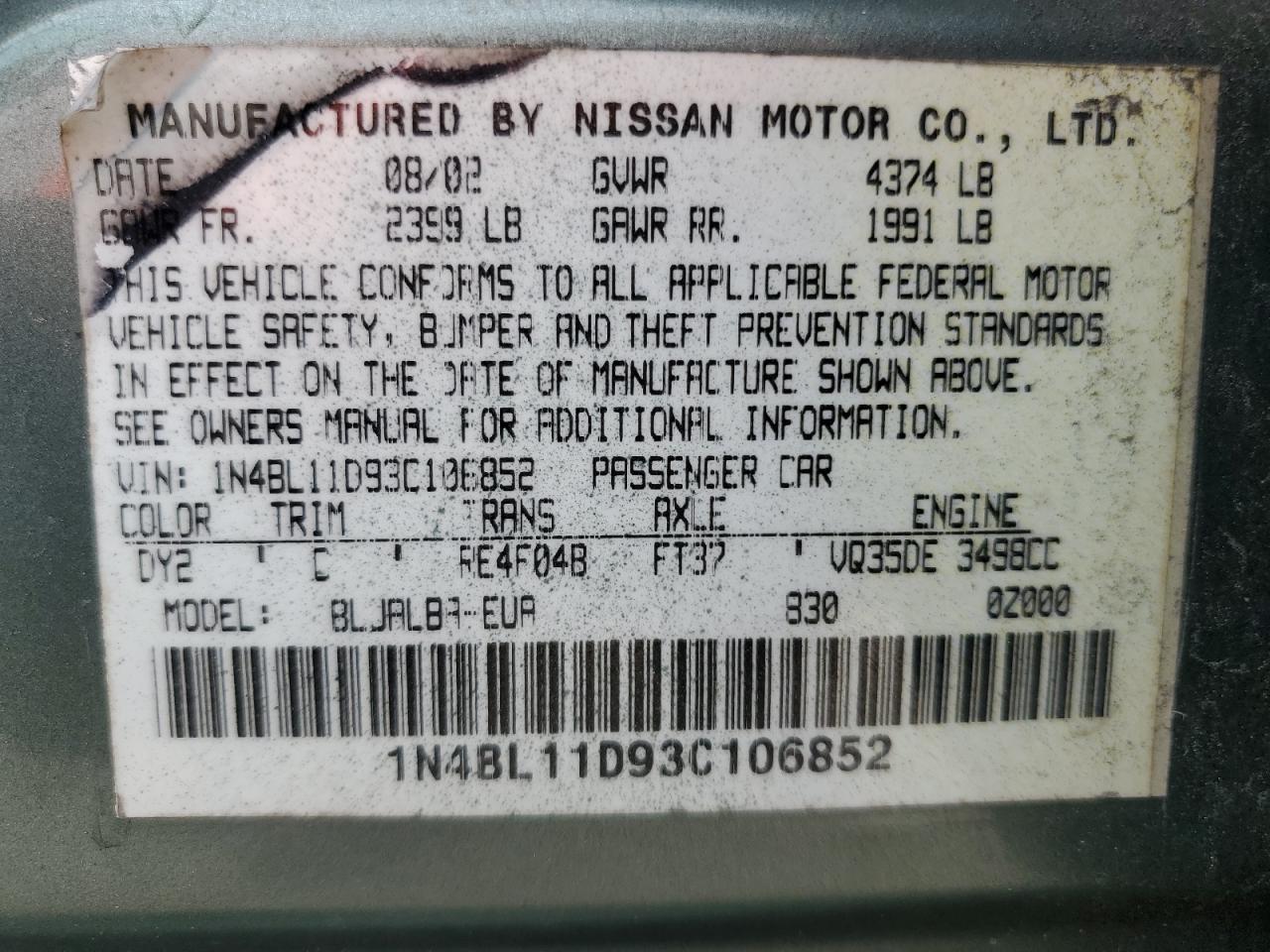 2003 Nissan Altima Se VIN: 1N4BL11D93C106852 Lot: 74487184