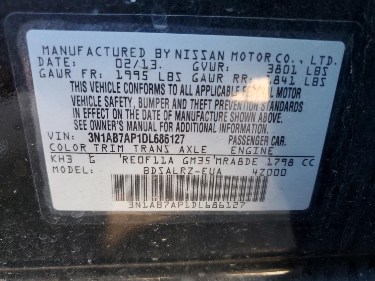 2013 Nissan Sentra S VIN: 3N1AB7AP1DL686127 Lot: 76722324