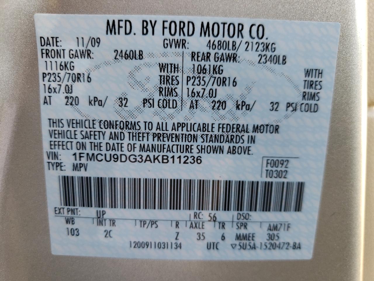 2010 Ford Escape Xlt VIN: 1FMCU9DG3AKB11236 Lot: 74599234