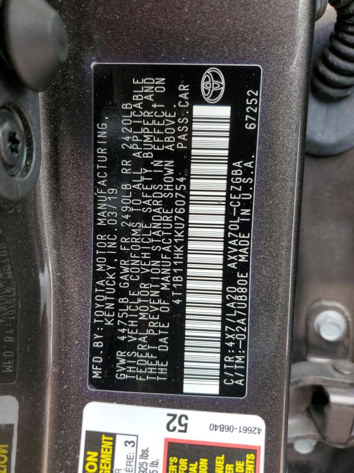 4T1B11HK1KU760754 2019 TOYOTA CAMRY - Image 13