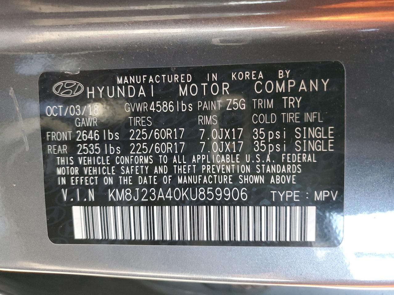 KM8J23A40KU859906 2019 Hyundai Tucson Se