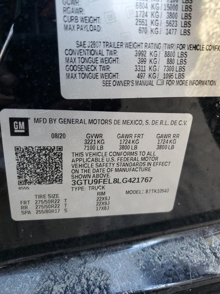 2020 GMC Sierra K1500 Denali VIN: 3GTU9FEL8LG421767 Lot: 74687504