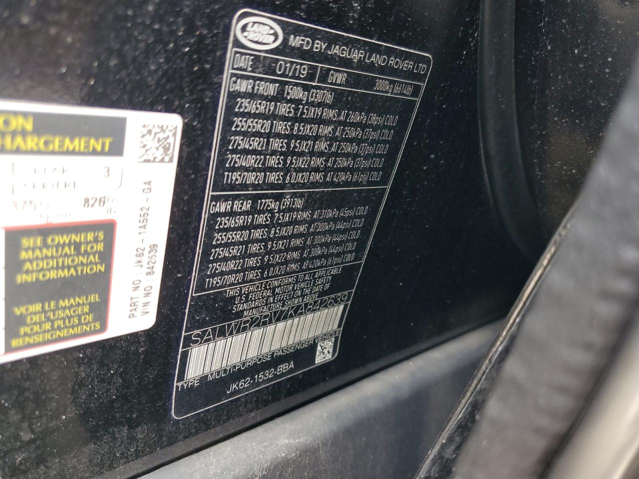 2019 Land Rover Range Rover Sport Hse VIN: SALWR2RV7KA842639 Lot: 74881854