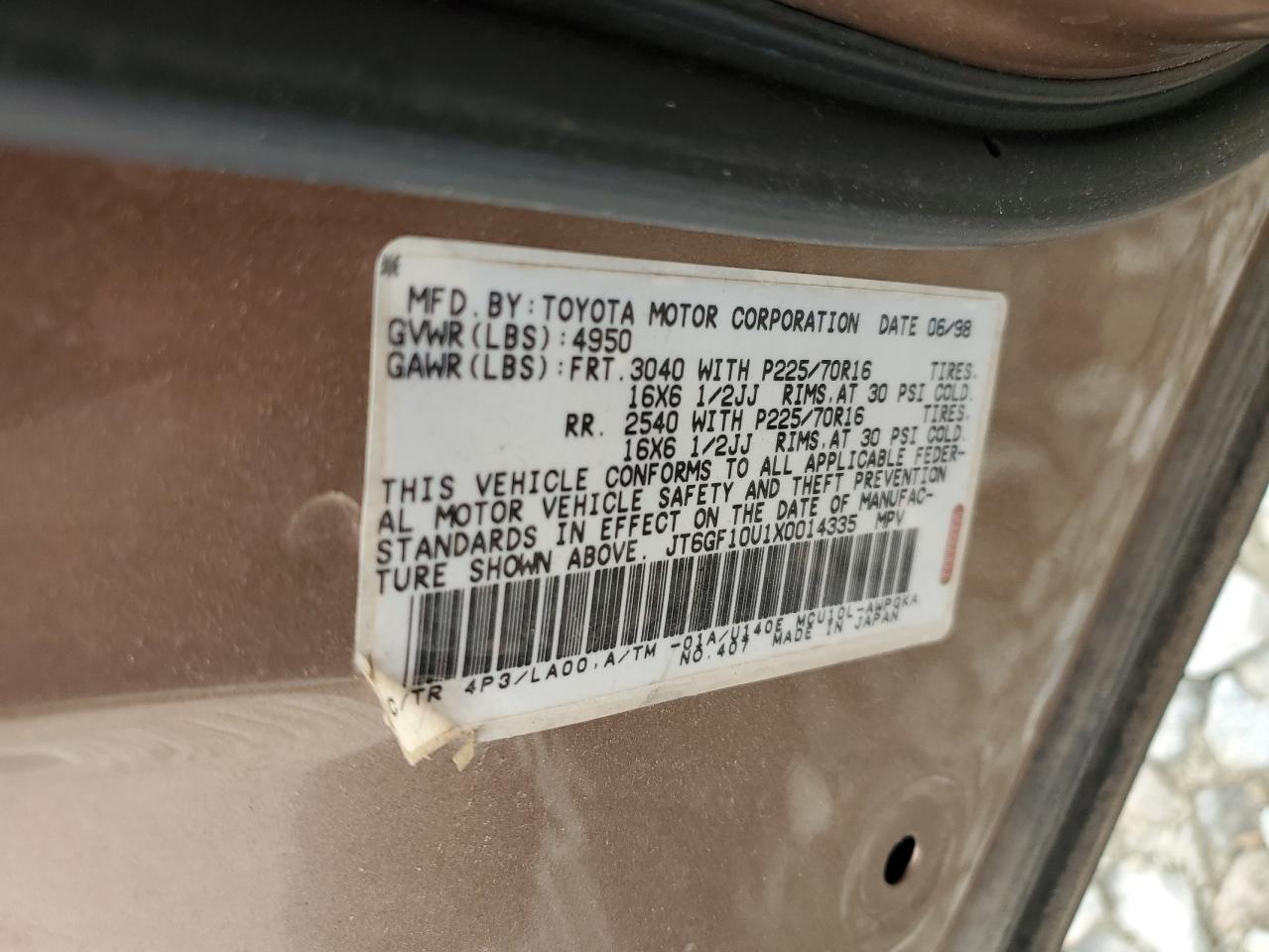 1999 Lexus Rx 300 VIN: JT6GF10U1X0014335 Lot: 62323915