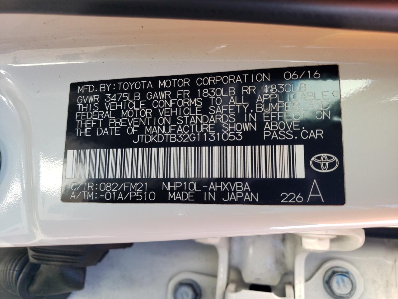 JTDKDTB32G1131053 2016 Toyota Prius C