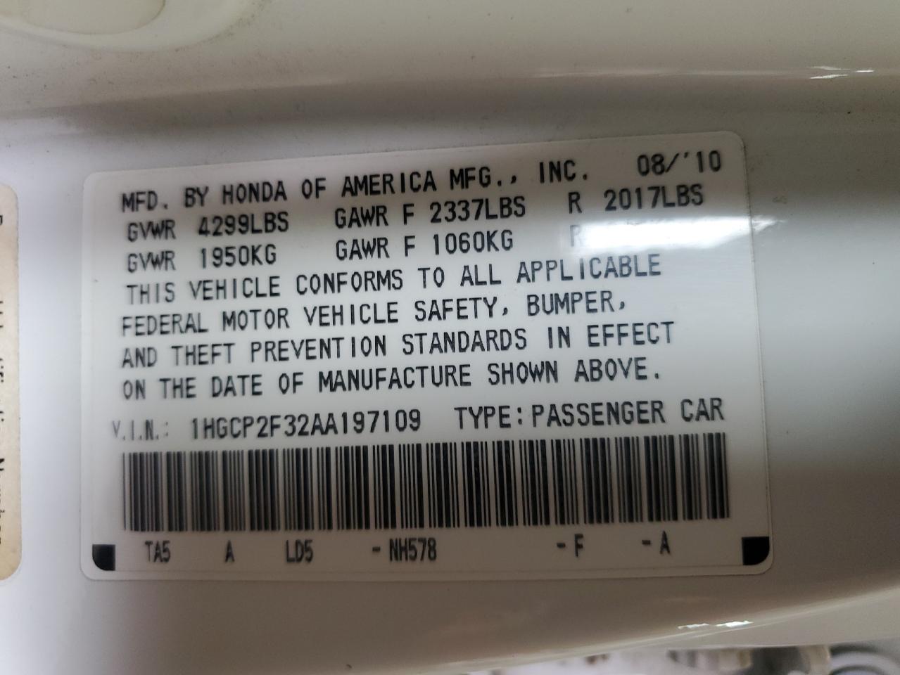 2010 Honda Accord Lx VIN: 1HGCP2F32AA197109 Lot: 79029094