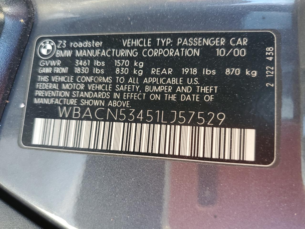 2001 BMW Z3 3.0 VIN: WBACN53451LJ57529 Lot: 76501844