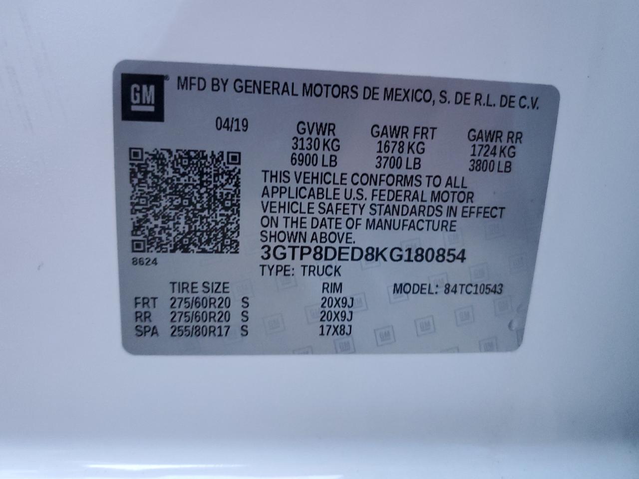 3GTP8DED8KG180854 2019 GMC Sierra C1500 Slt