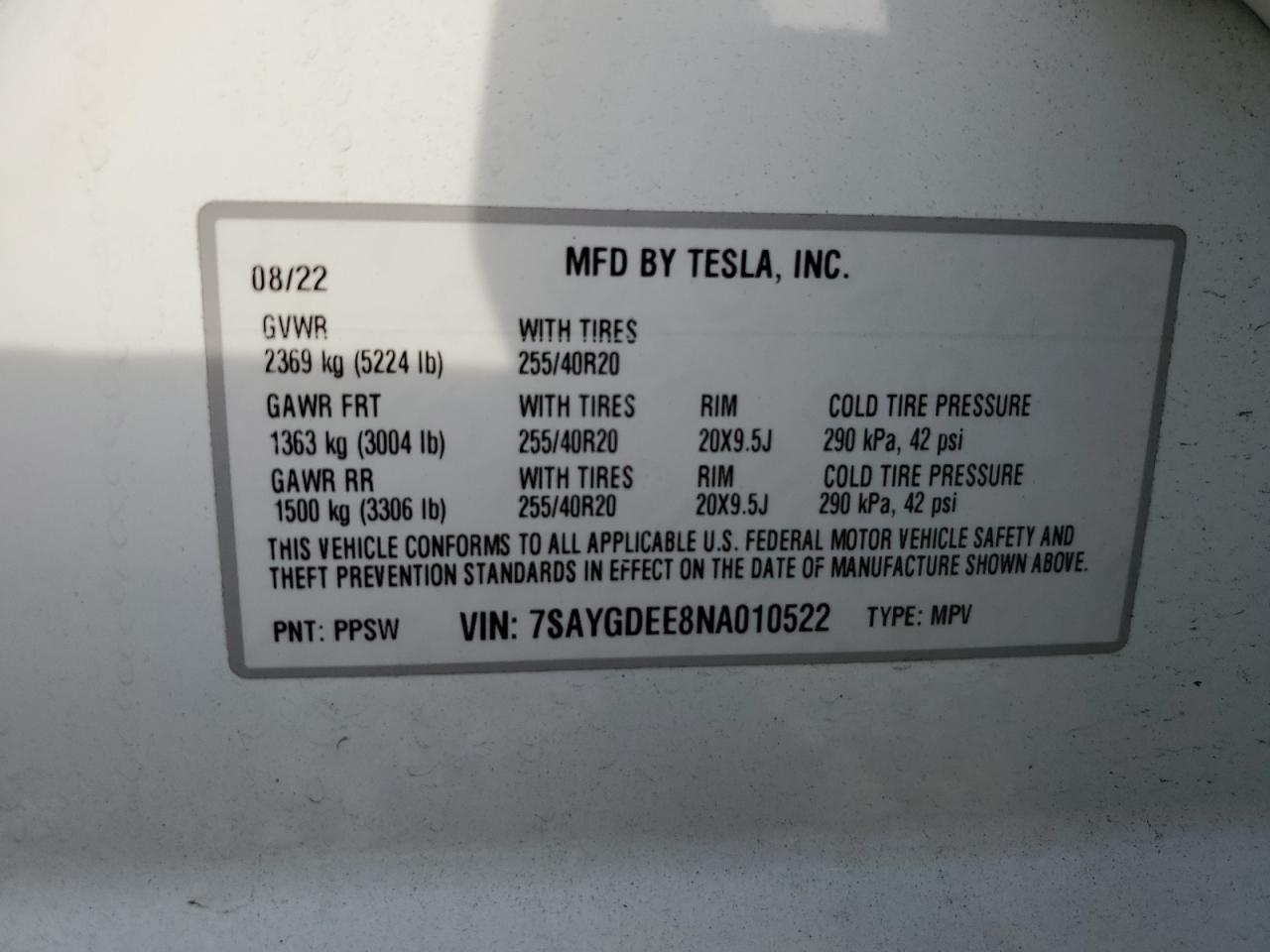 VIN 7SAYGDEE8NA010522 2022 TESLA MODEL Y no.13