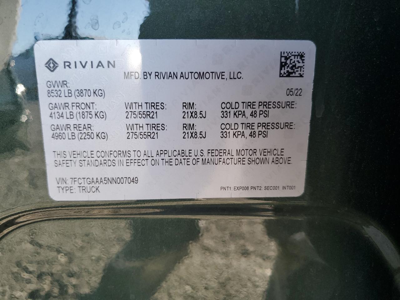 2022 Rivian R1T Adventure VIN: 7FCTGAAA5NN007049 Lot: 74857974