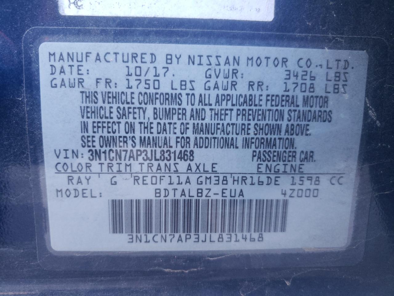 3N1CN7AP3JL831468 2018 Nissan Versa S