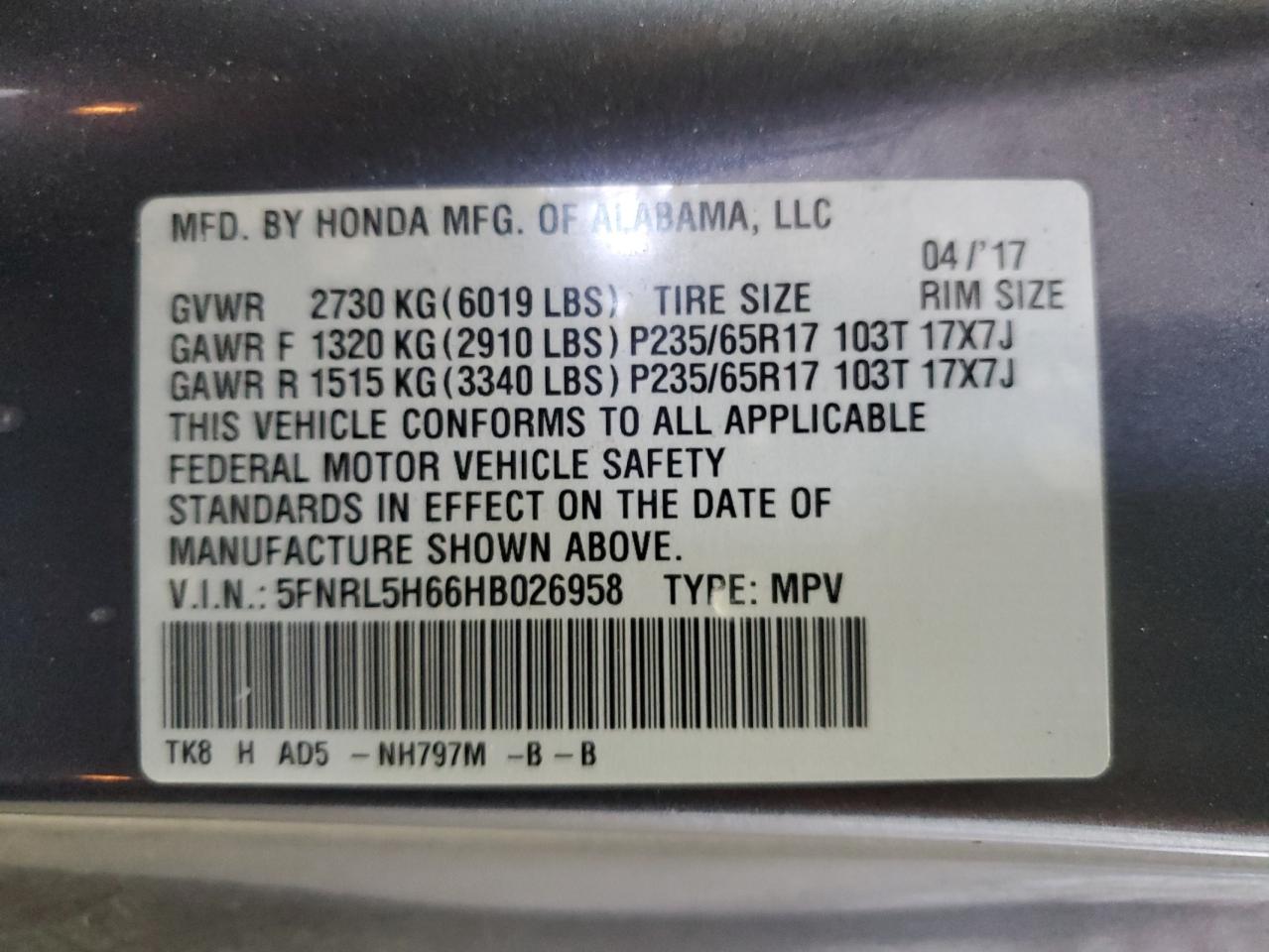 2017 Honda Odyssey Exl VIN: 5FNRL5H66HB026958 Lot: 75717124