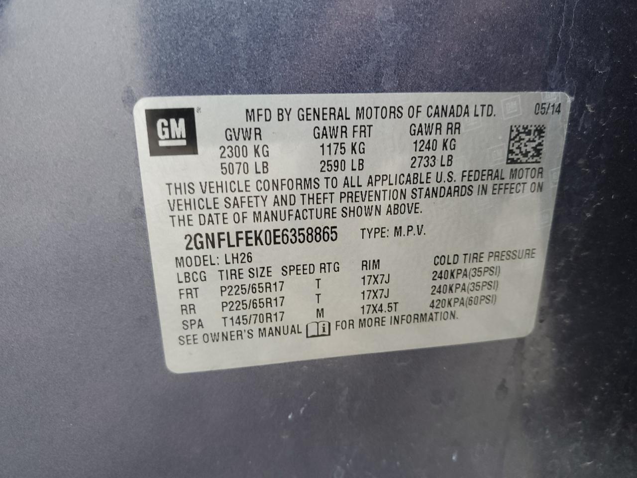 2GNFLFEK0E6358865 2014 Chevrolet Equinox Lt