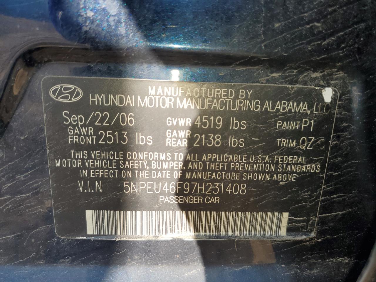 2007 Hyundai Sonata Se VIN: 5NPEU46F97H231408 Lot: 76854064