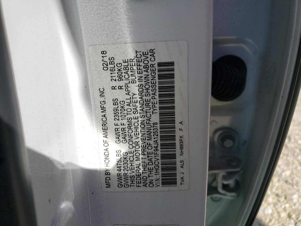 1HGCV1F94JA125378 2018 Honda Accord Touring