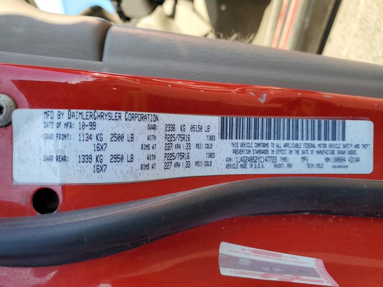 2000 Jeep Grand Cherokee Laredo VIN: 1J4G248S2YC147723 Lot: 73209234