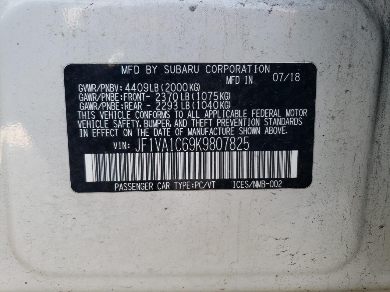 JF1VA1C69K9807825 2019 Subaru Wrx Premium