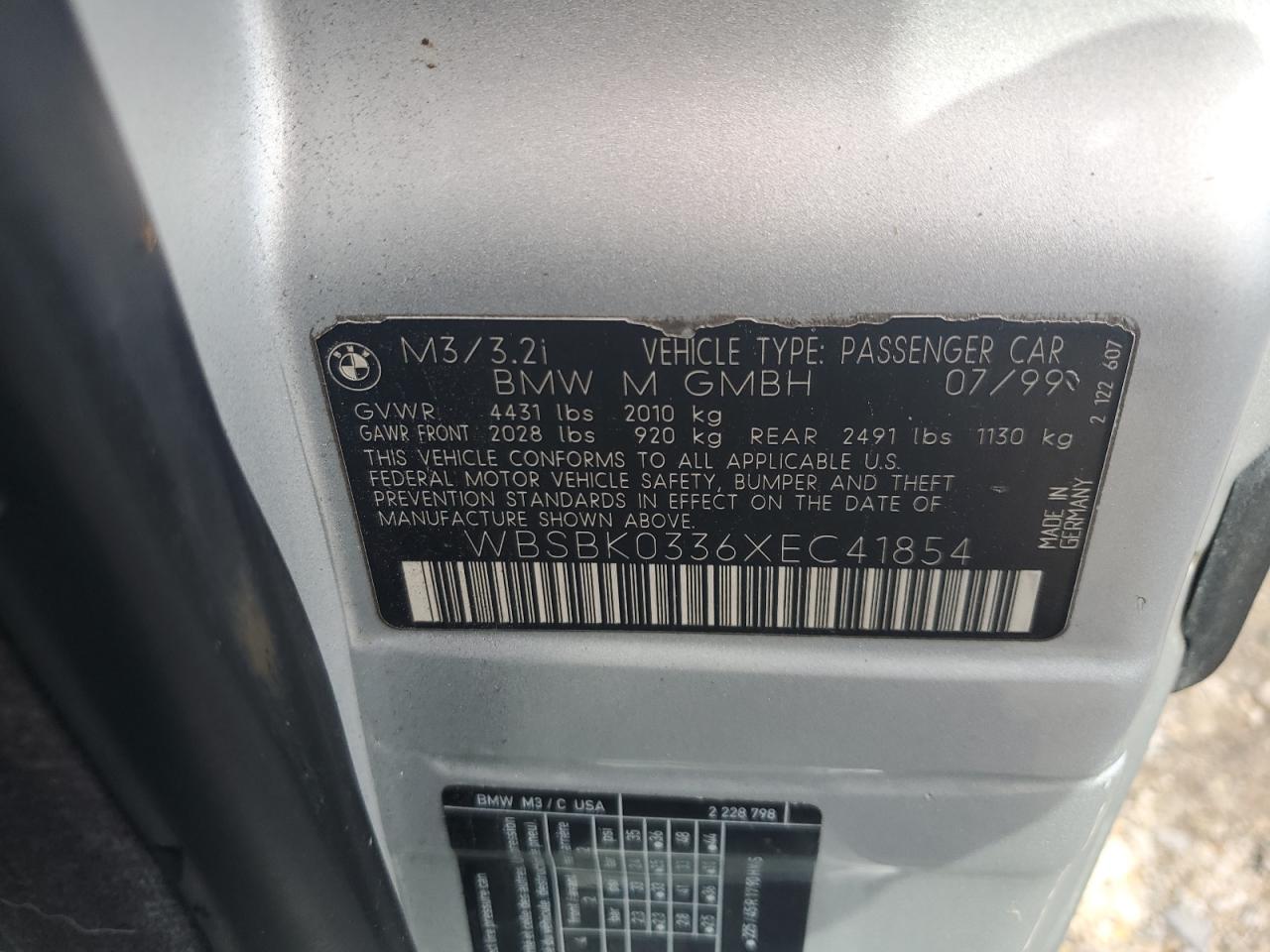 1999 BMW M3 Automatic VIN: WBSBK0336XEC41854 Lot: 74132194
