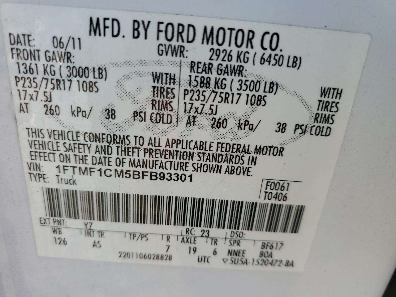 2011 Ford F150 VIN: 1FTMF1CM5BFB93301 Lot: 77775604