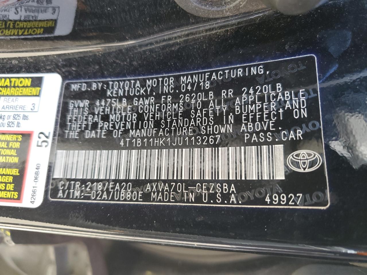 4T1B11HK1JU113267 2018 TOYOTA CAMRY - Image 12