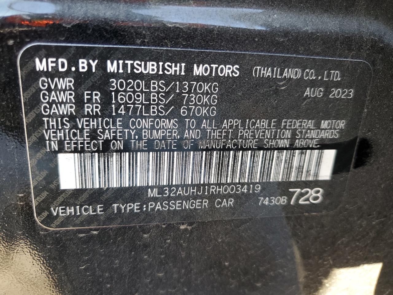 2024 Mitsubishi Mirage Es VIN: ML32AUHJ1RH003419 Lot: 76779304