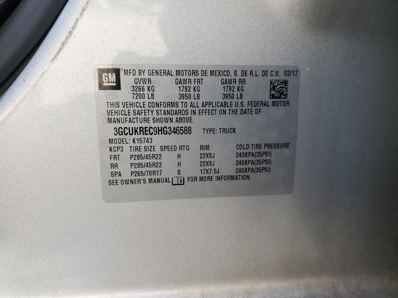 3GCUKREC9HG346588 2017 Chevrolet Silverado K1500 Lt